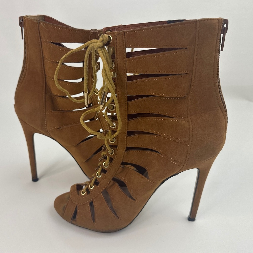 Shoe Republic LA Heels Lace Up Gladiator Stiletto Ankle Booties 7.5 Brown Sandal